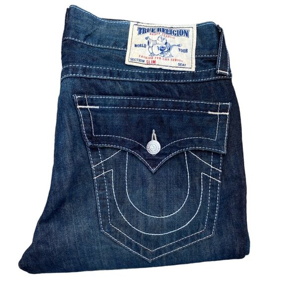 True Religion Jeans Size 34 SLIM FLAP T Blue Contrast Denim Jeans - Picture 1 of 9